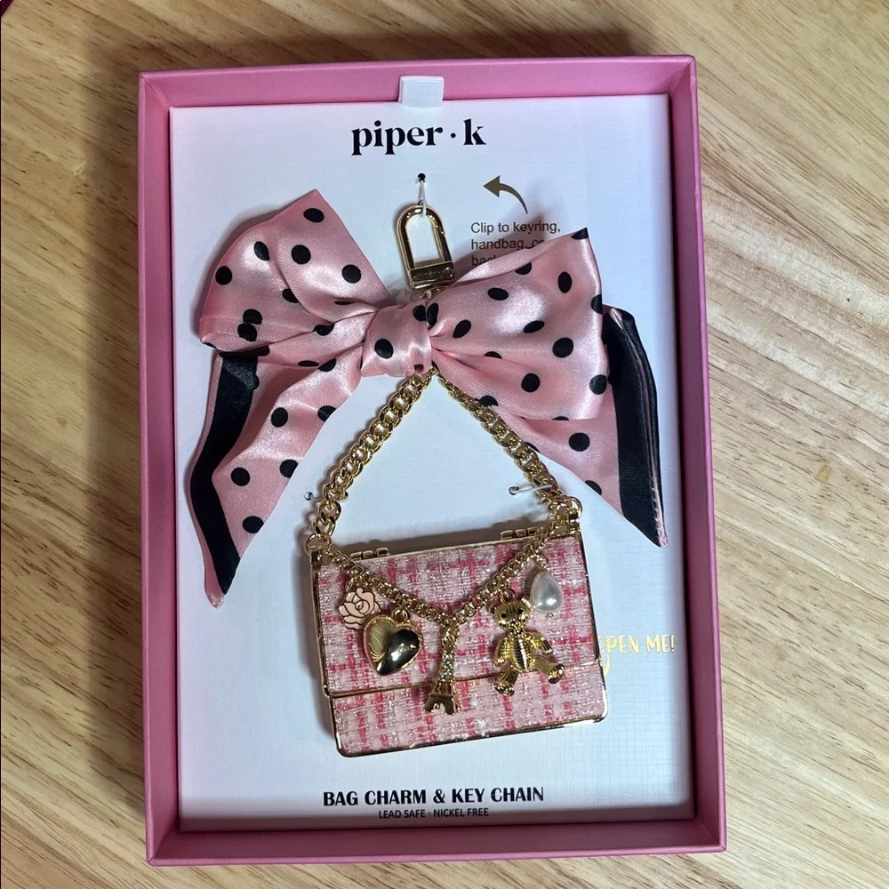 Piper K Pink Polka Dot Bow Chanel Purse Charm Bag Charm Keychain